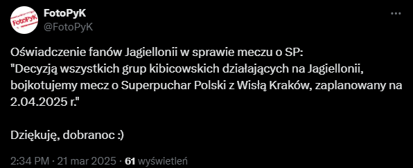 OŚWIADCZENIE kibiców Jagiellonii dot. SUPERPUCHARU POLSKI O.o